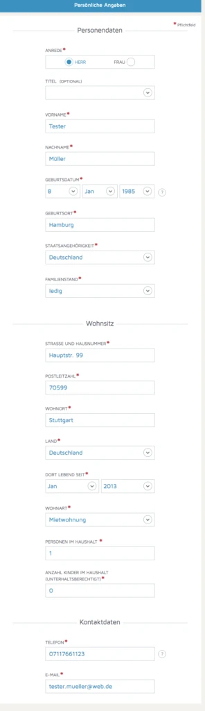 Eingabe der persönlichen Daten