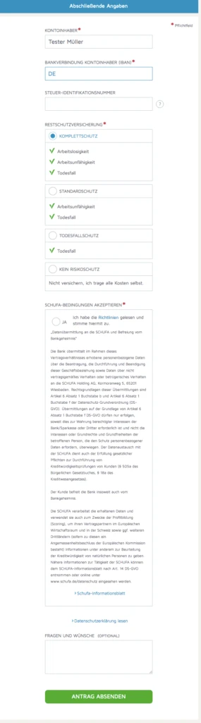 Eingabe Kontoverbindung und Schufa Klausel