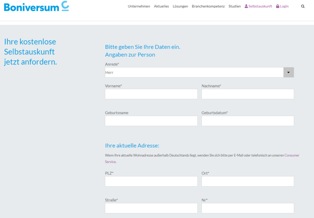 Anforderung der Selbstauskunft bei Boniversum