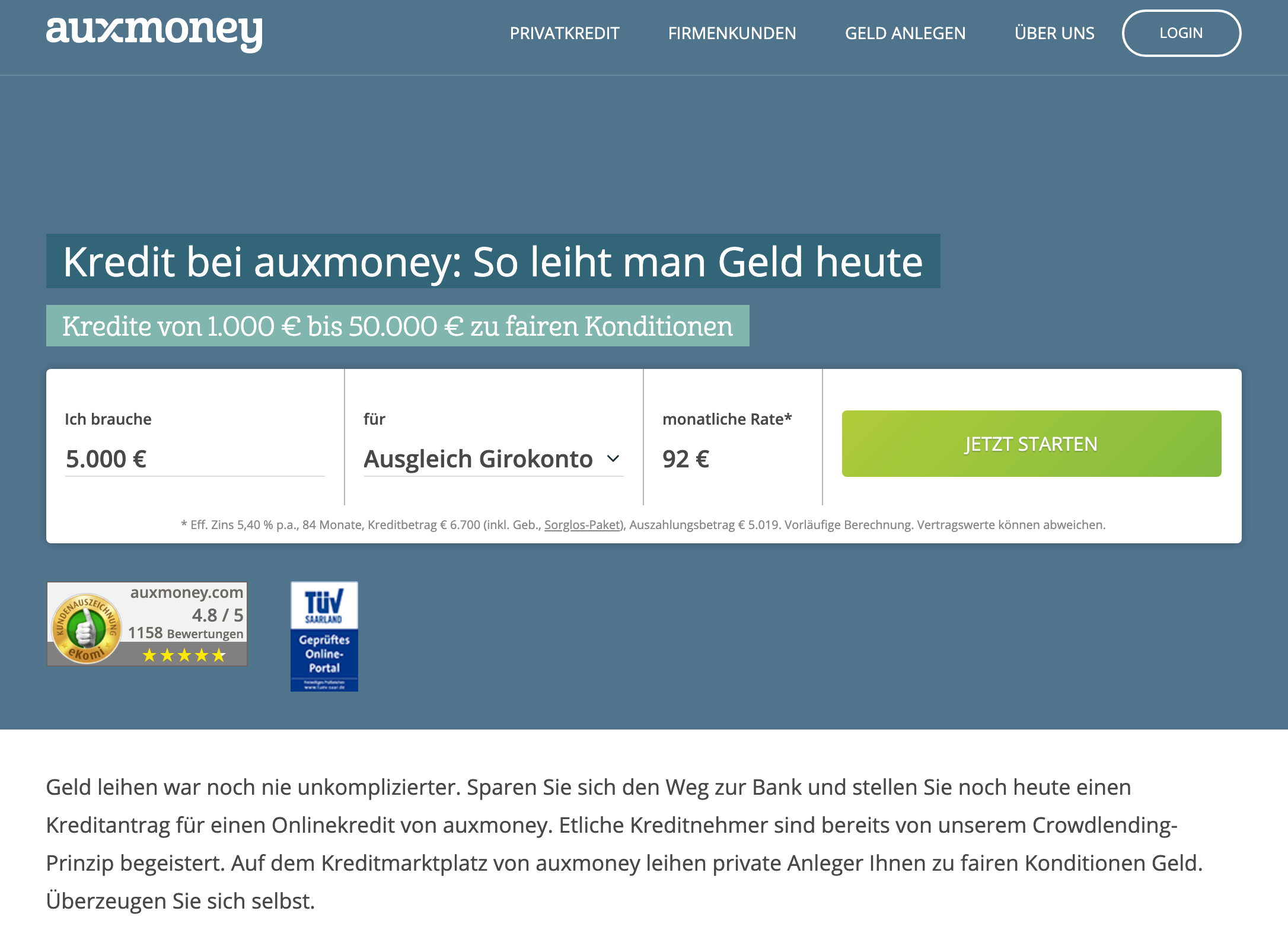 Der Start der Kreditanfrage auf Auxmoney