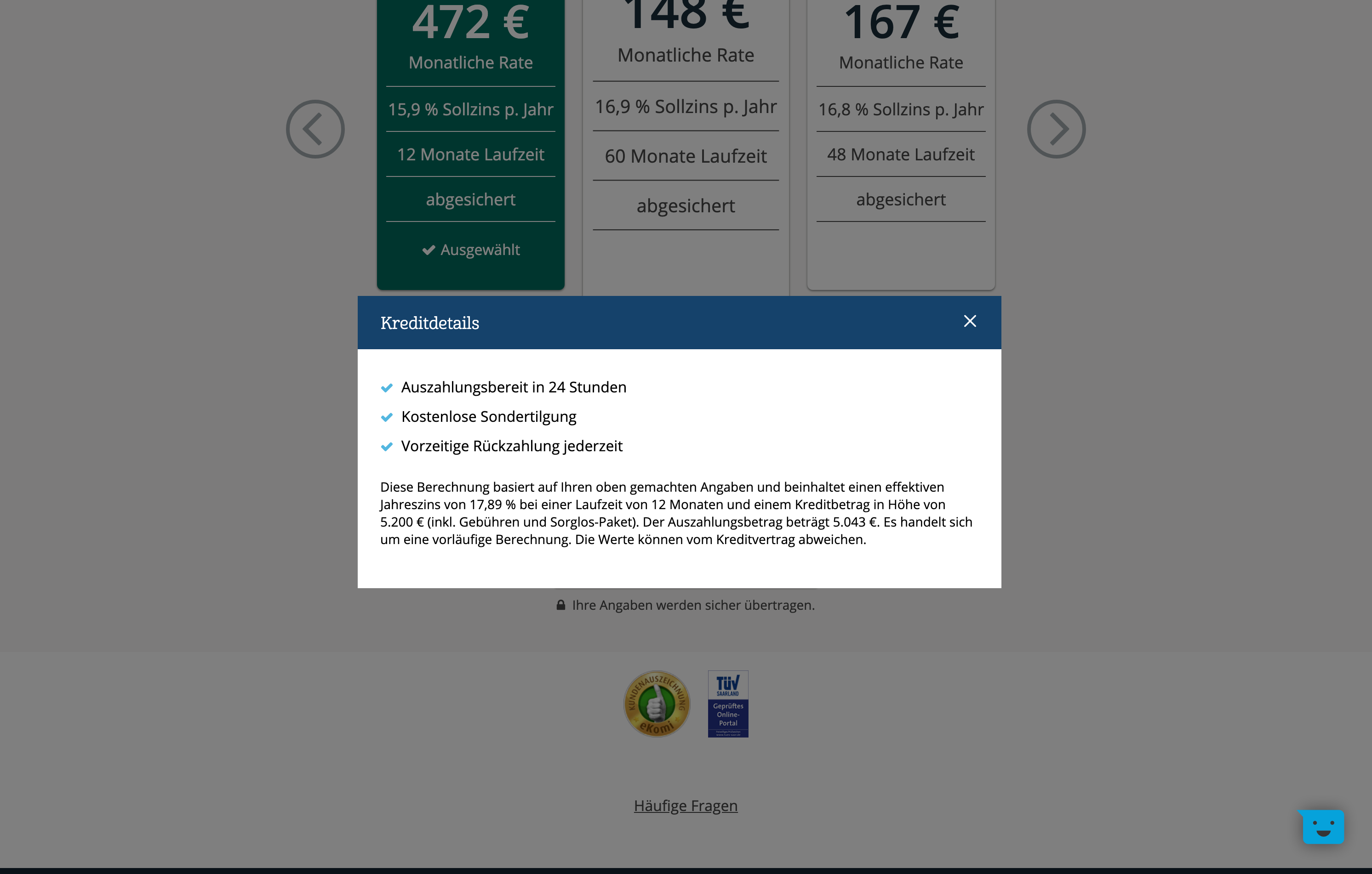 Auxmoney blendet uns die Kreditdetails ein. 