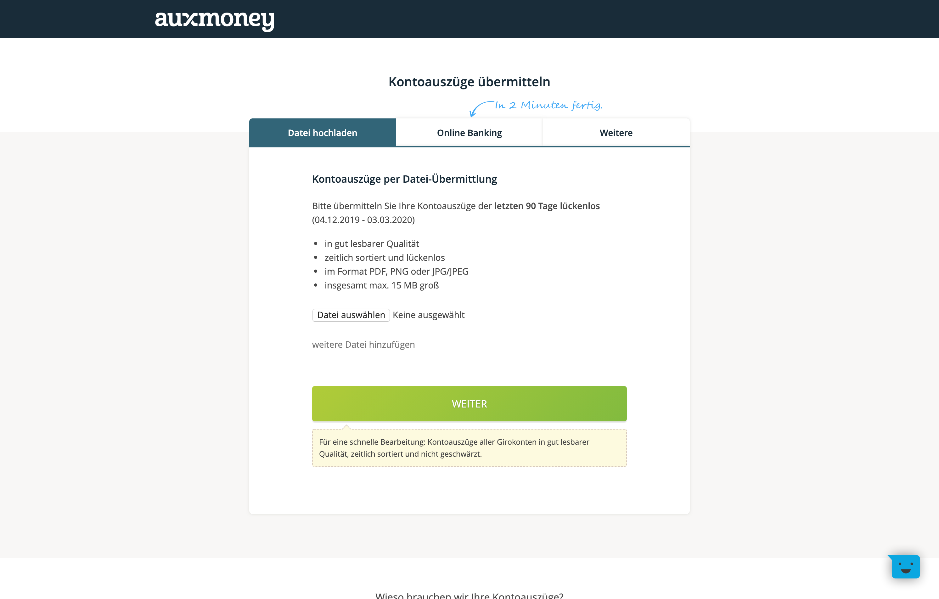 Auxmoney bietet verschiedene Optionen an, wie man sein Einkommen nachweisen kann. 