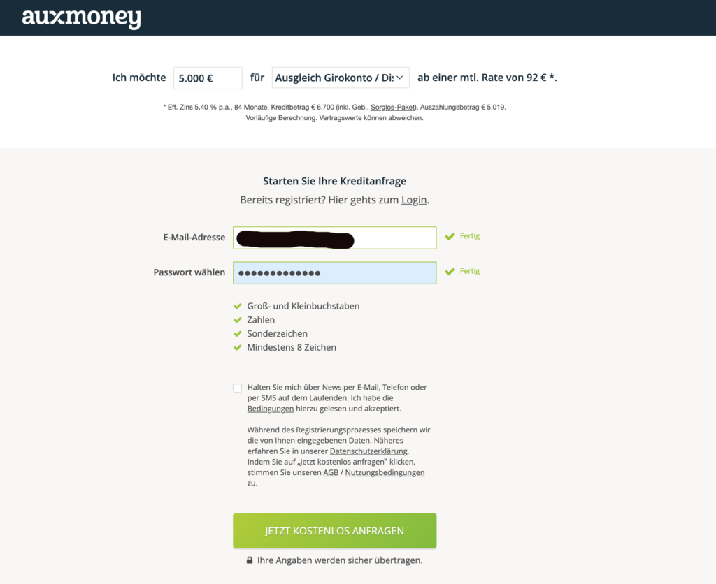 Start der Kreditanfrage auf Auxmoney