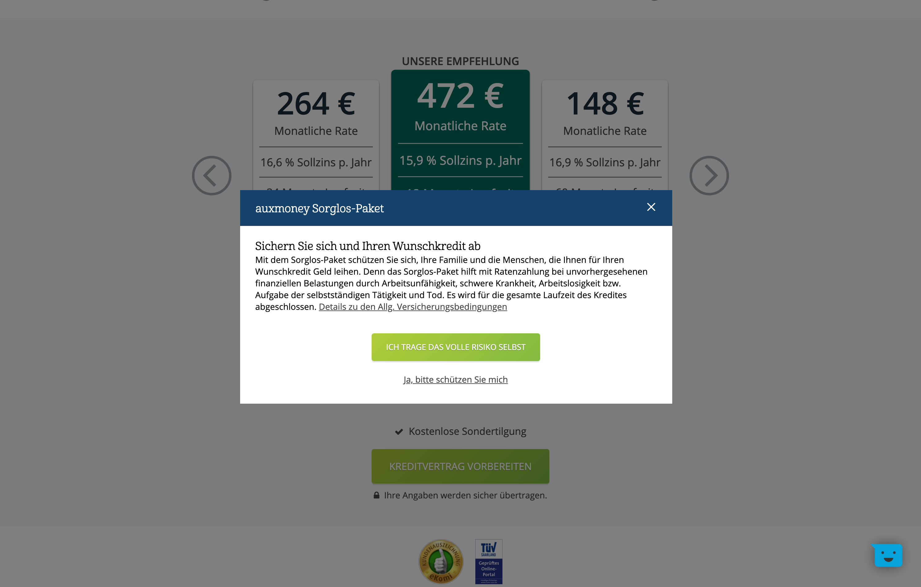Nun erscheint ein Hinweis, wonach eine Restschuldversicherung sinnvoll wäre.