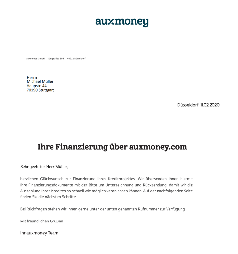 Hier haben wir Ihnen ein Muster Kreditvertrag (am Beispiel der Auxmoney) bereitgestellt. Einfach als PDF öffnen.