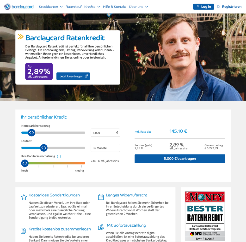 Der Start der Kreditanfrage auf Barclaycard.de