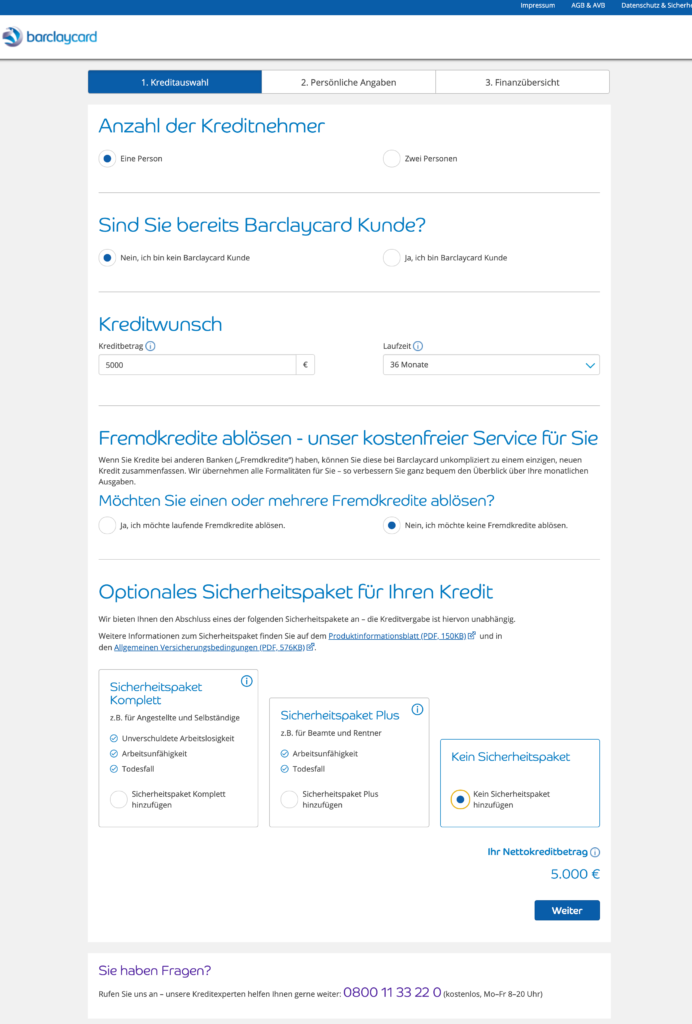 Anzahl der Kreditnehmer, Kreditwunsch und Kreditrestschuldversicherung werden zu Beginn abgefragt.