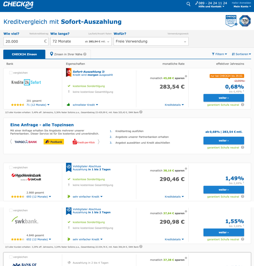 Start der Kreditanfrage auf Check24