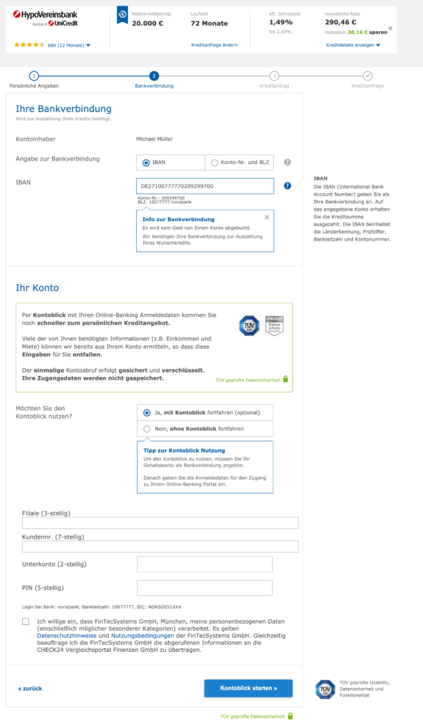 Eingabe der Bankverbindung für den digitalen Kontoblick