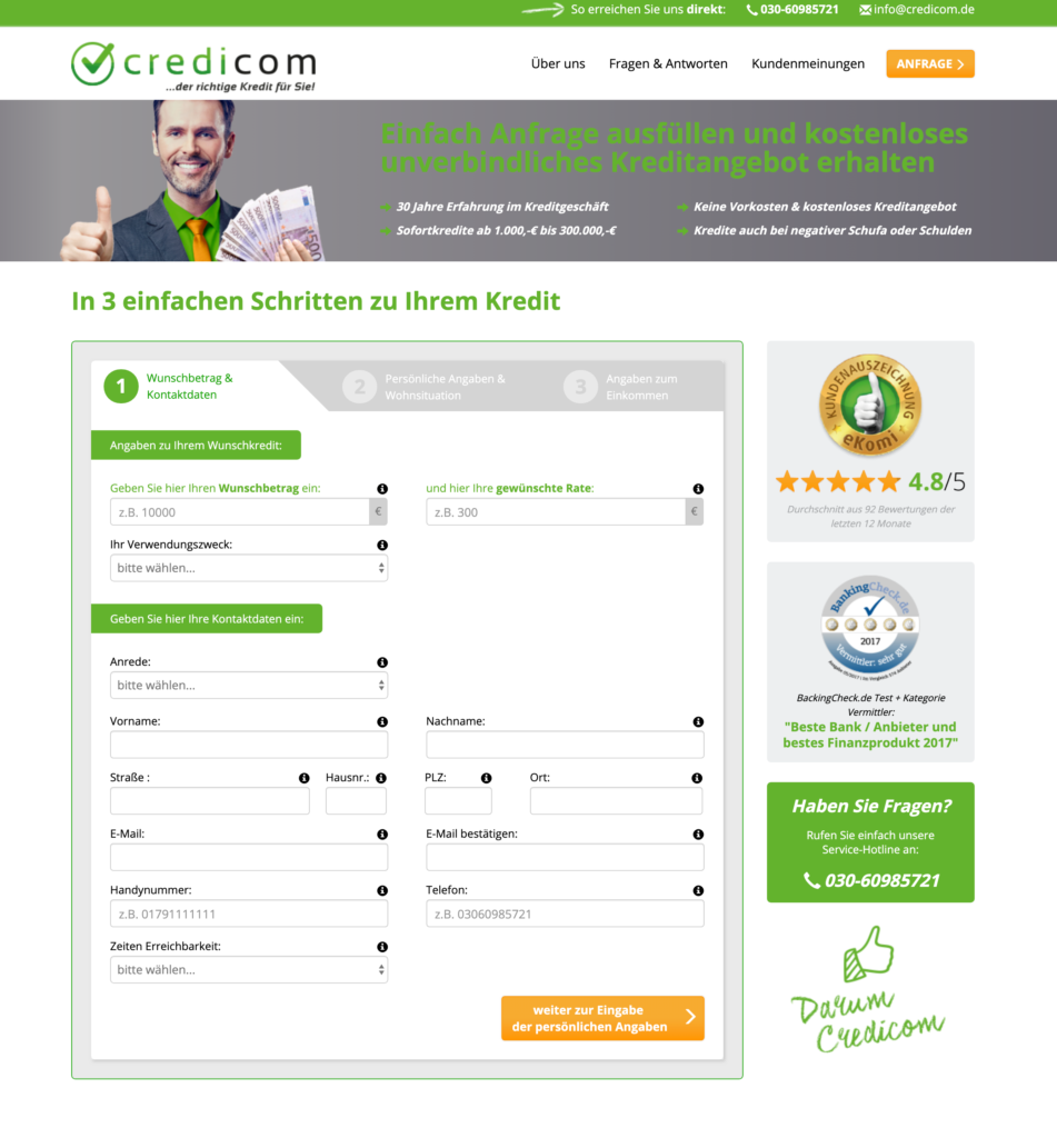 Hier startet Ihre Kreditanfrage auf der Webseite von Credicom