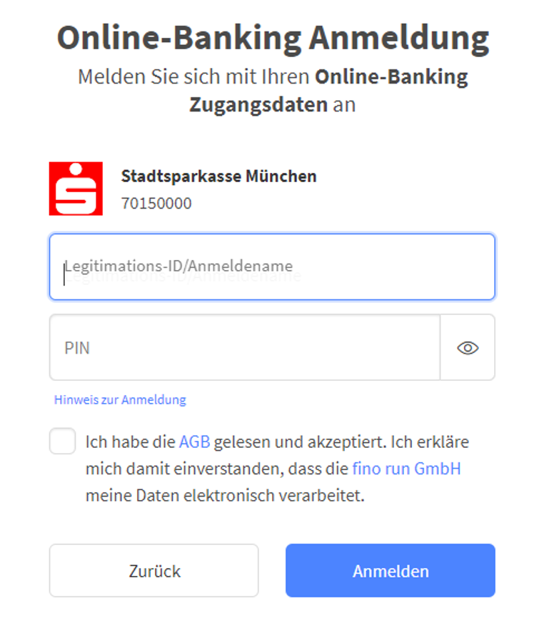 die Eingabe der Zugangsdaten zum eigenen Onlinebanking ist der nächste Schritt
