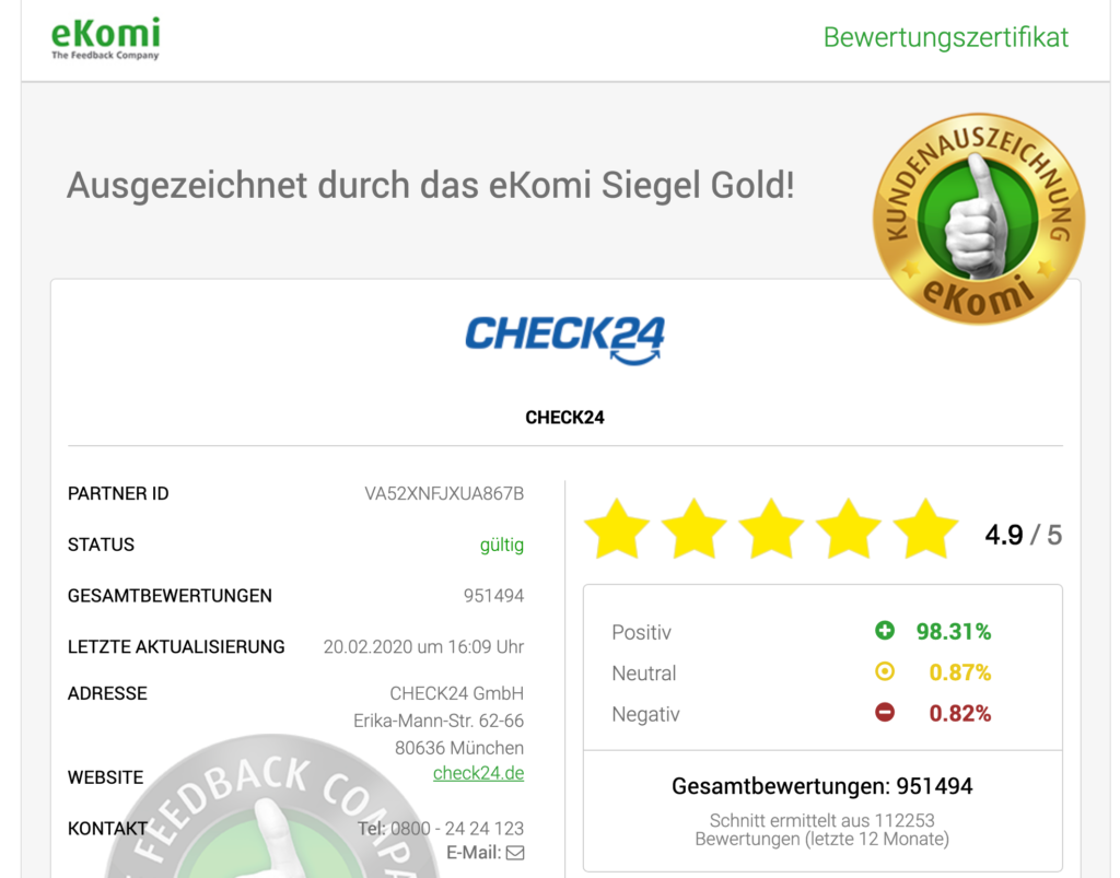 Ekomi Bewertungen von Check24 mit 4.9 von 5 Punkten
