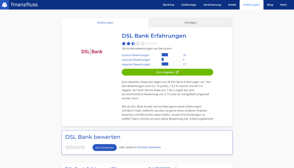 Erfahrungen zur DSL bank auf Finanzfluss.de