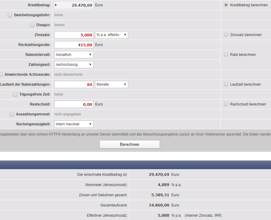 Hier können Sie ausrechnen, wie viel Kredit Sie mit dem freien monatlichen Einkommen bekommen könnten. 