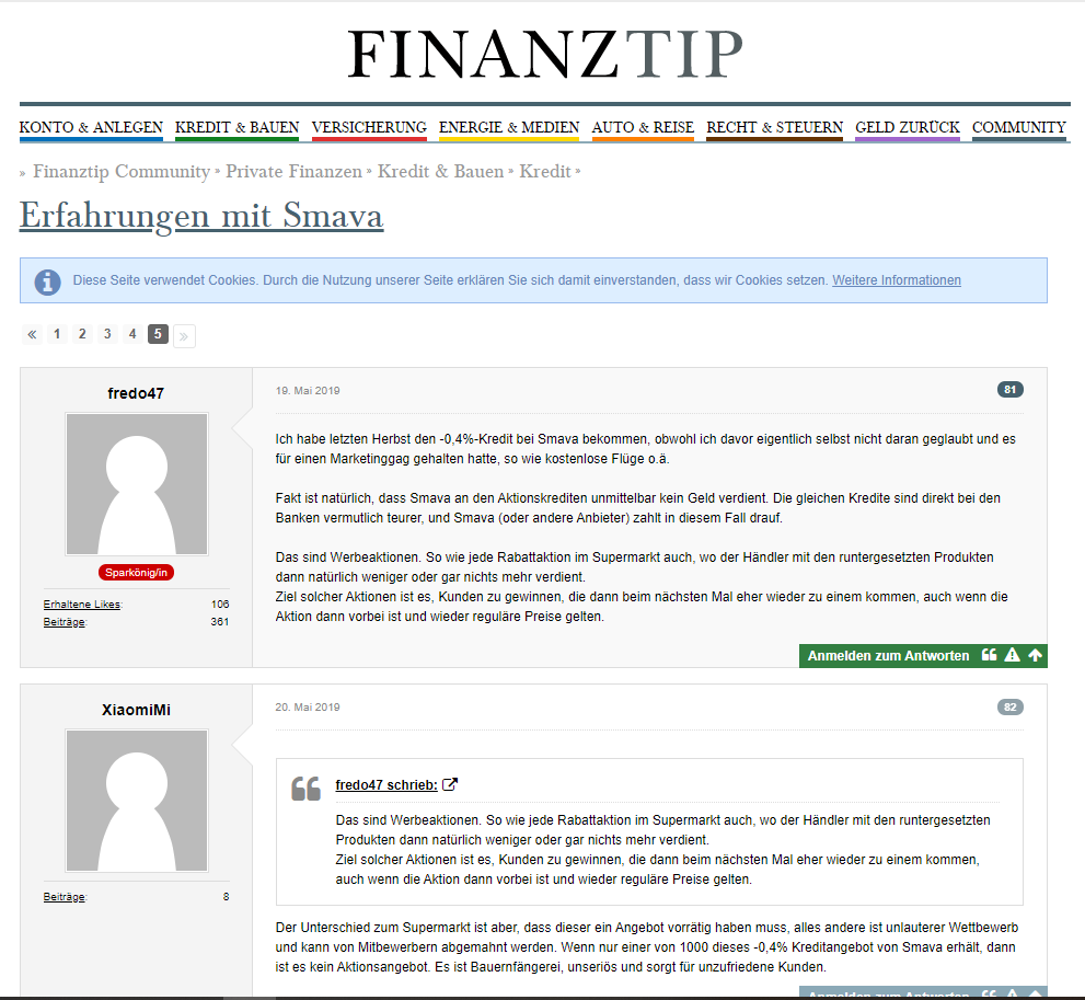 Diskussionen über Smava im Finanztip Forum
