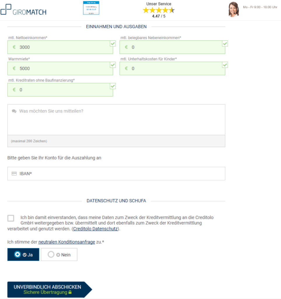 Screenshot der Kreditanfrage auf Giromatch, Teil 3