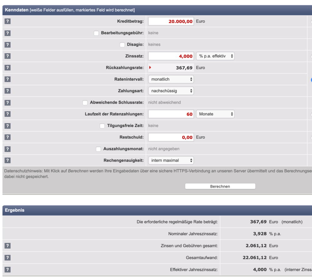 Beispiel mit 60 Monate Laufzeit statt 84 Monate Laufzeit.