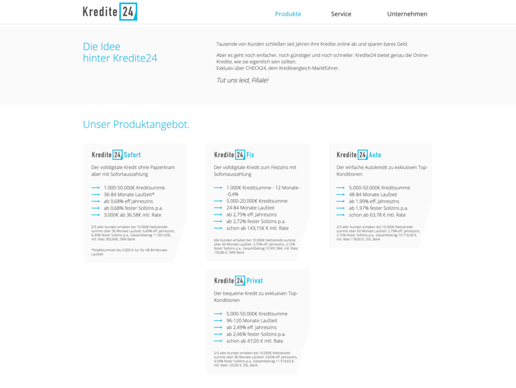 Screenshot der Webseite Kredite24.de Privat
