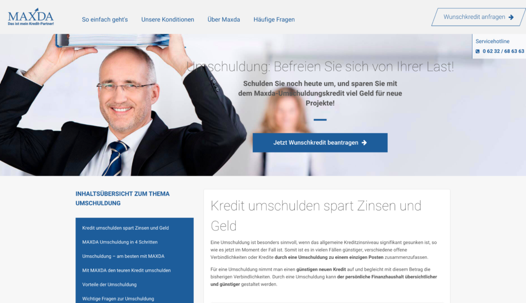 Maxda Umschuldung Screenshot Webseite