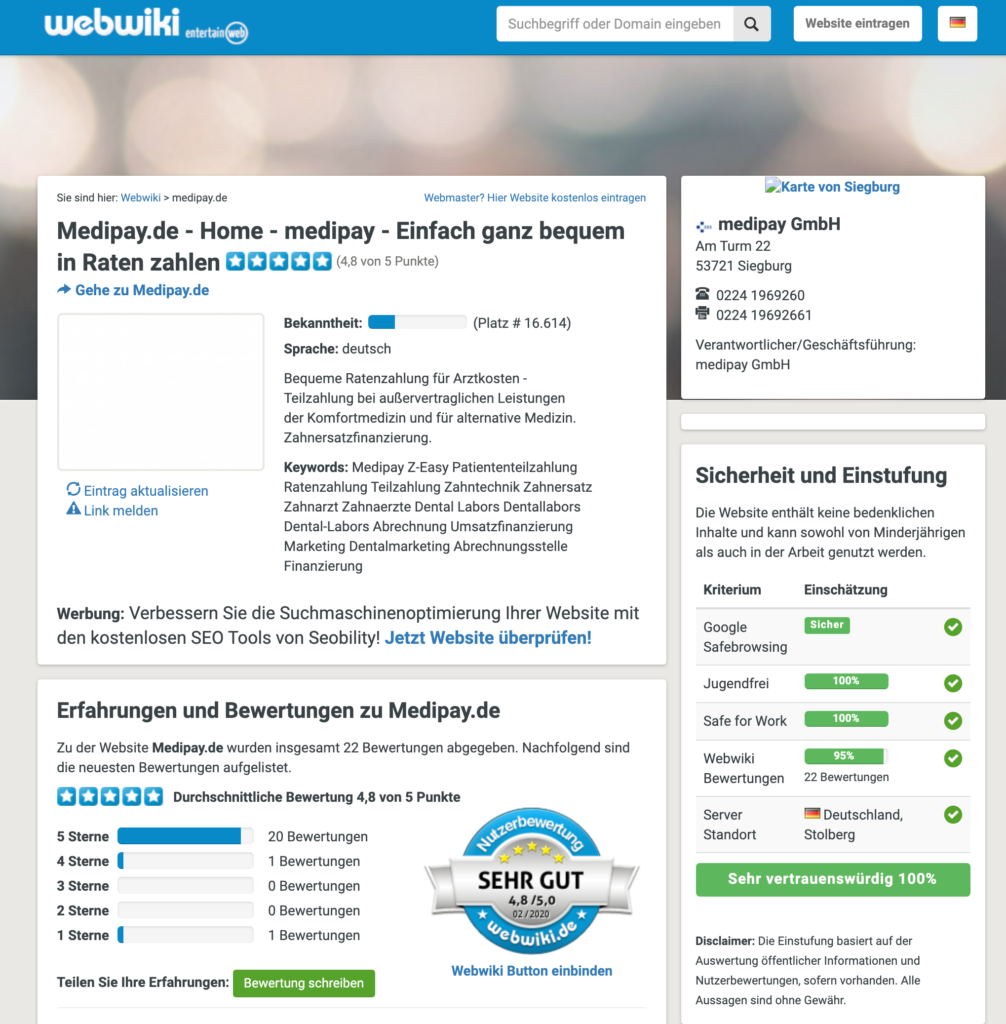 Medipay Kredit Erfahrungen auf Webwiki mit 4.8 von 5 Sternen.