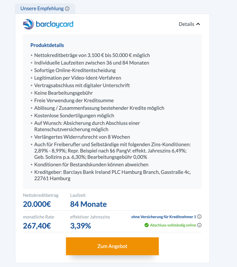 Barclaycard wird uns hier als Empfehlung angezeigt.