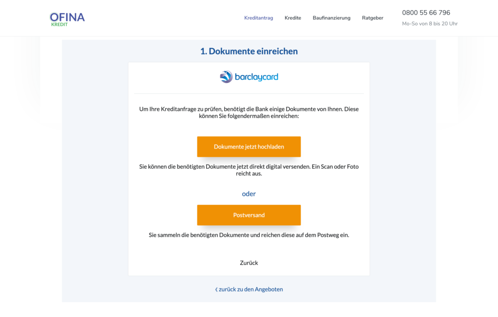 In diesem Beispiel können Sie die Unterlagen entweder direkt hochladen oder per Post versenden.