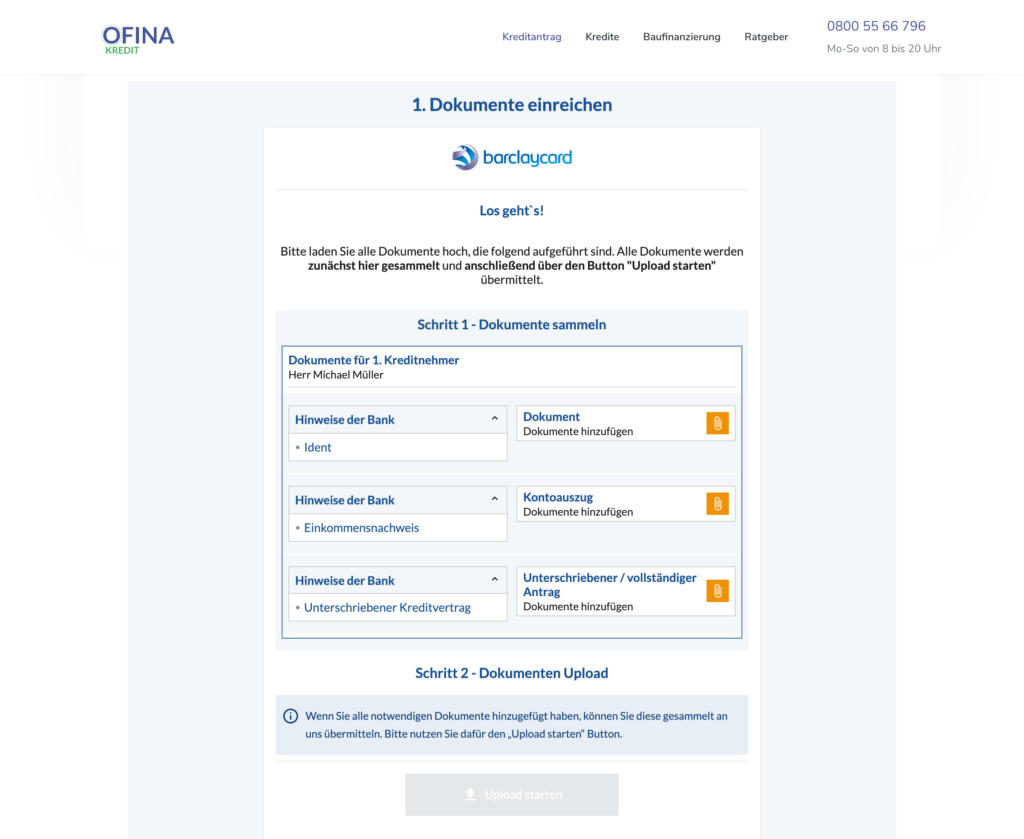 Der Upload der einzelnen Dokumenten wird hier gestartet.
