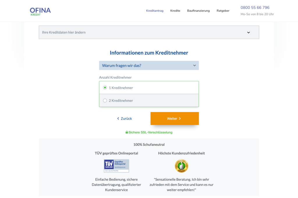 Hier wird abgefragt, ob es 1 oder 2 Kreditnehmer für den Kredit gibt.