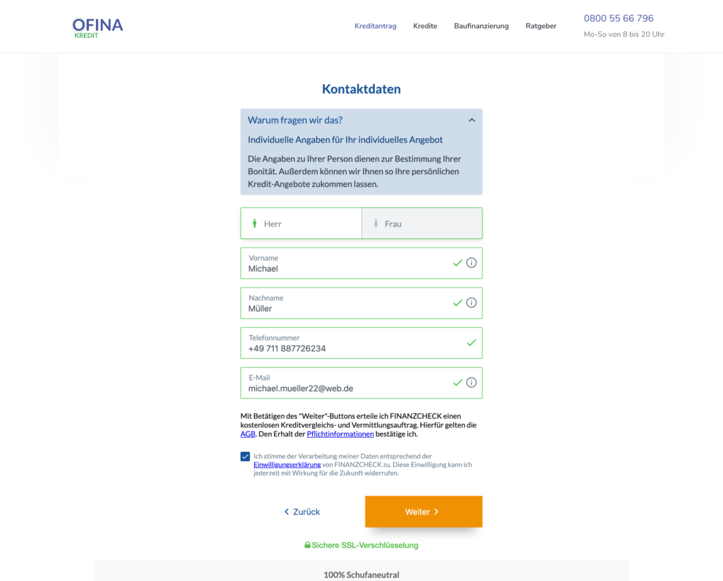 Hier werden Name, Telefonnummer und Email Adresse eingetragen.