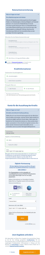 Hier können Sie sich für eine Restschuldversicherung entscheiden und tragen anschließend noch Ihre Kontonummer für die Kreditauszahlung ein.
