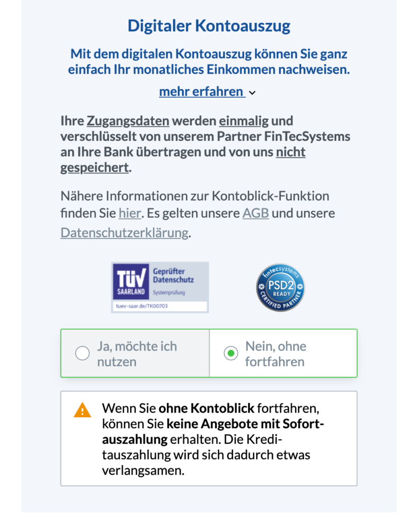 Wenn Sie einen digitalen Kontoblick zulassen, müssen Sie hier mit JA antworten.