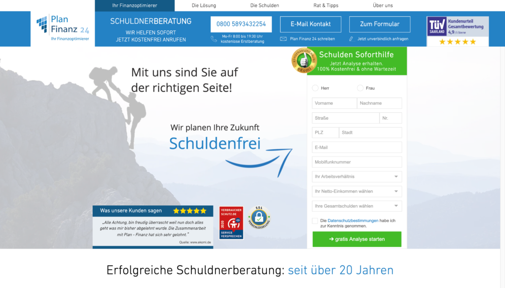 Screenshot der Webseite Plan Finanz24