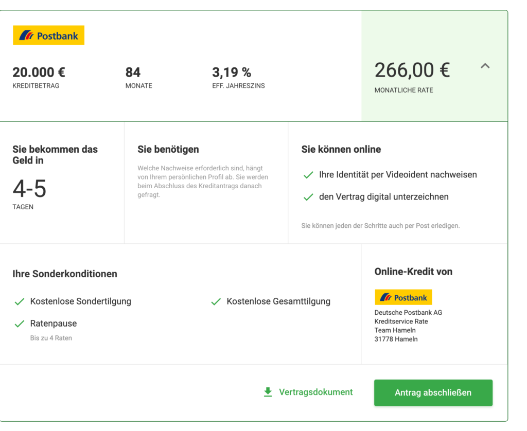 Die Ratenpause am Beispiel der Postbank. Screenshot aus dem Kreditantrag auf Smava.