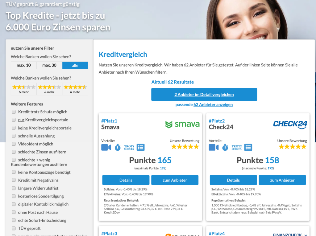 Sie können eine Schlussrate ganz einfach über einen Ratenkredit weiterfinanzieren. Nutzen Sie dazu unseren Kreditvergleich von über 60 Banken.