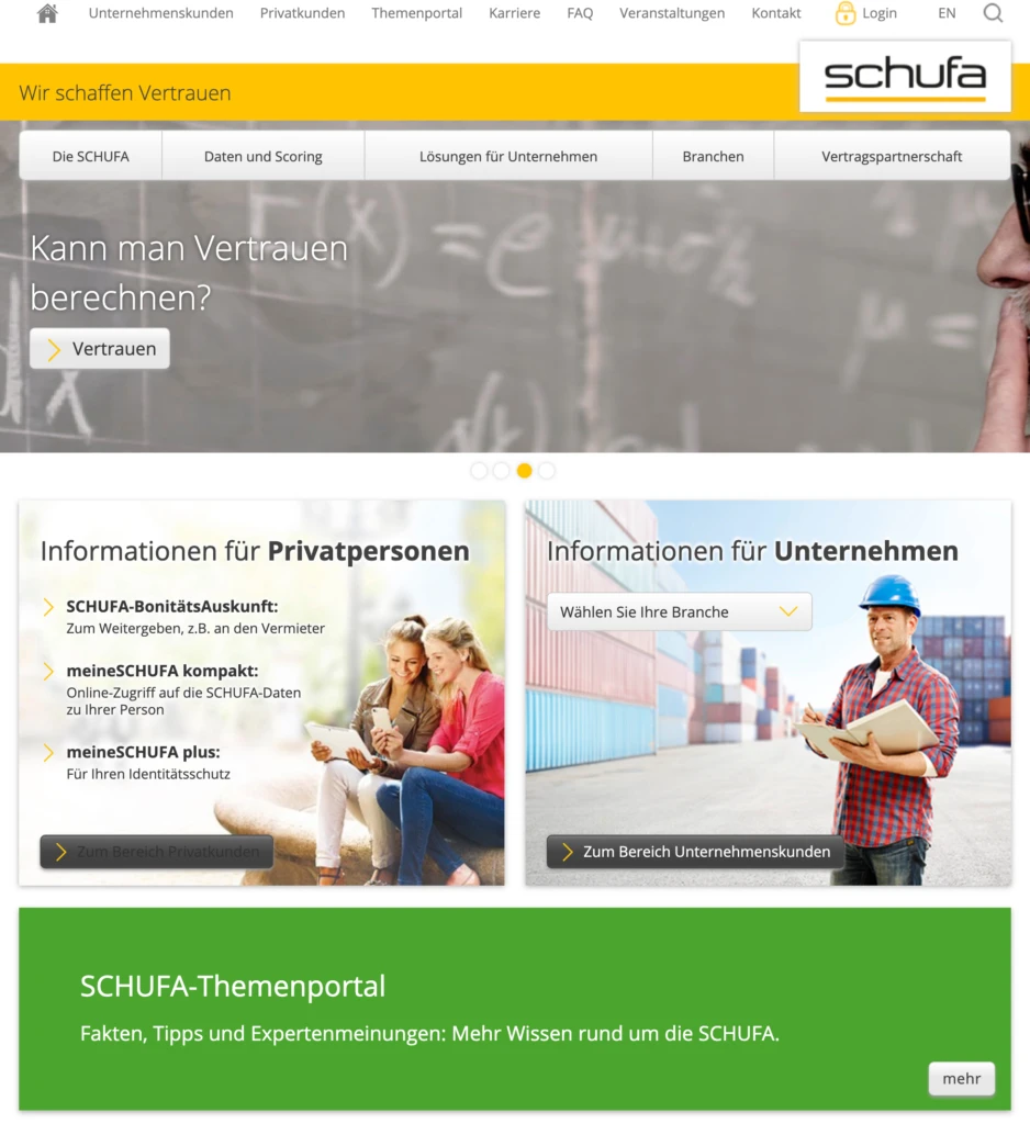 Screenshot der Schufa Webseite