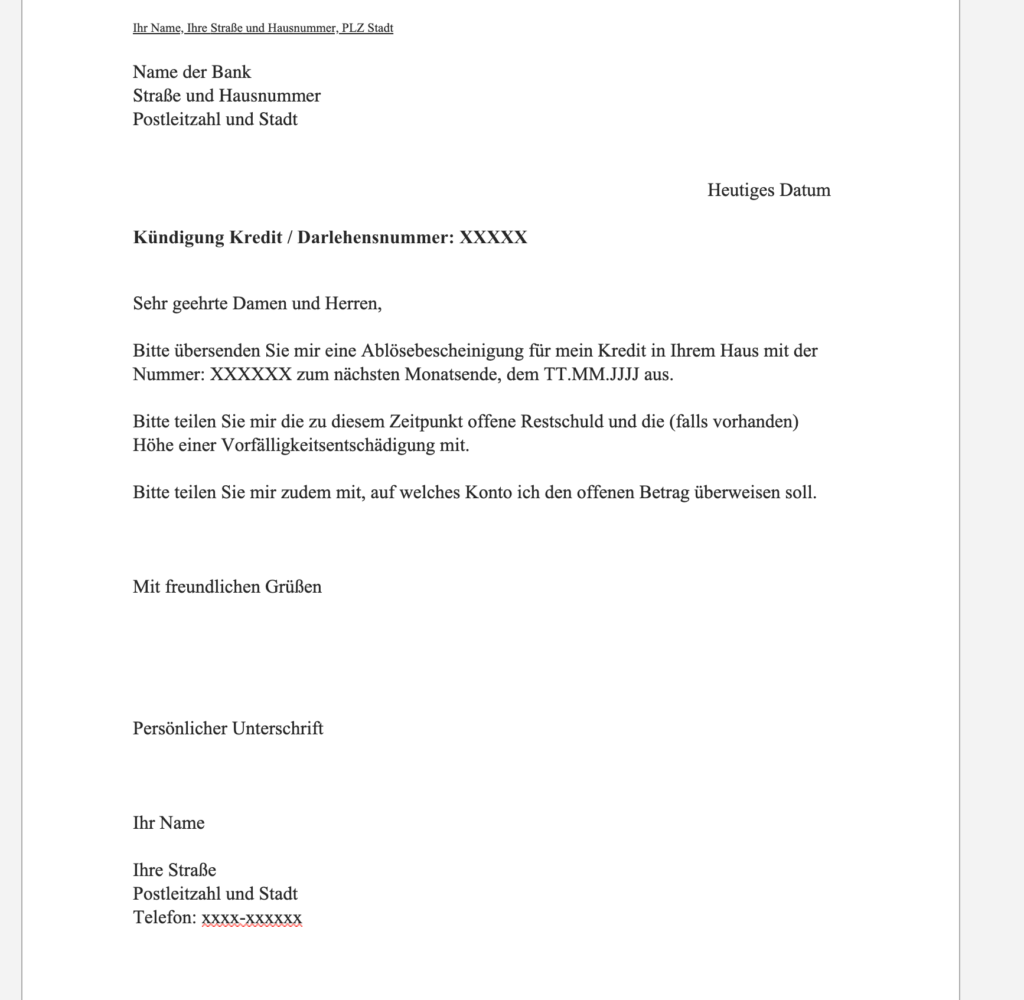 Wir haben Ihnen eine Vorlage für eine Ablösebescheinigung für Ihre Bank bereitgestellt.