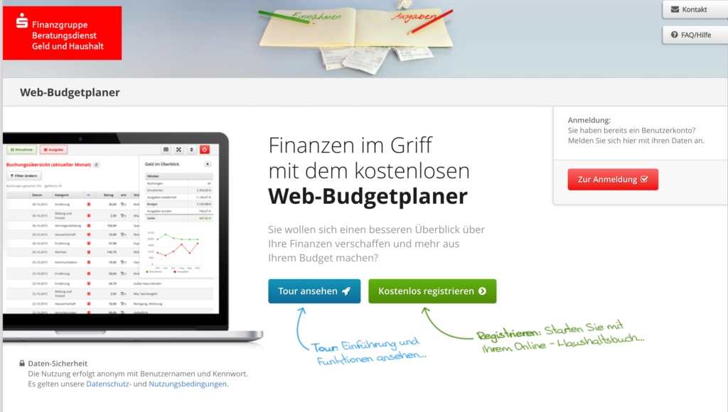 Screenshot Web-Budgetplaner Haushaltsbuch der Sparkasse
