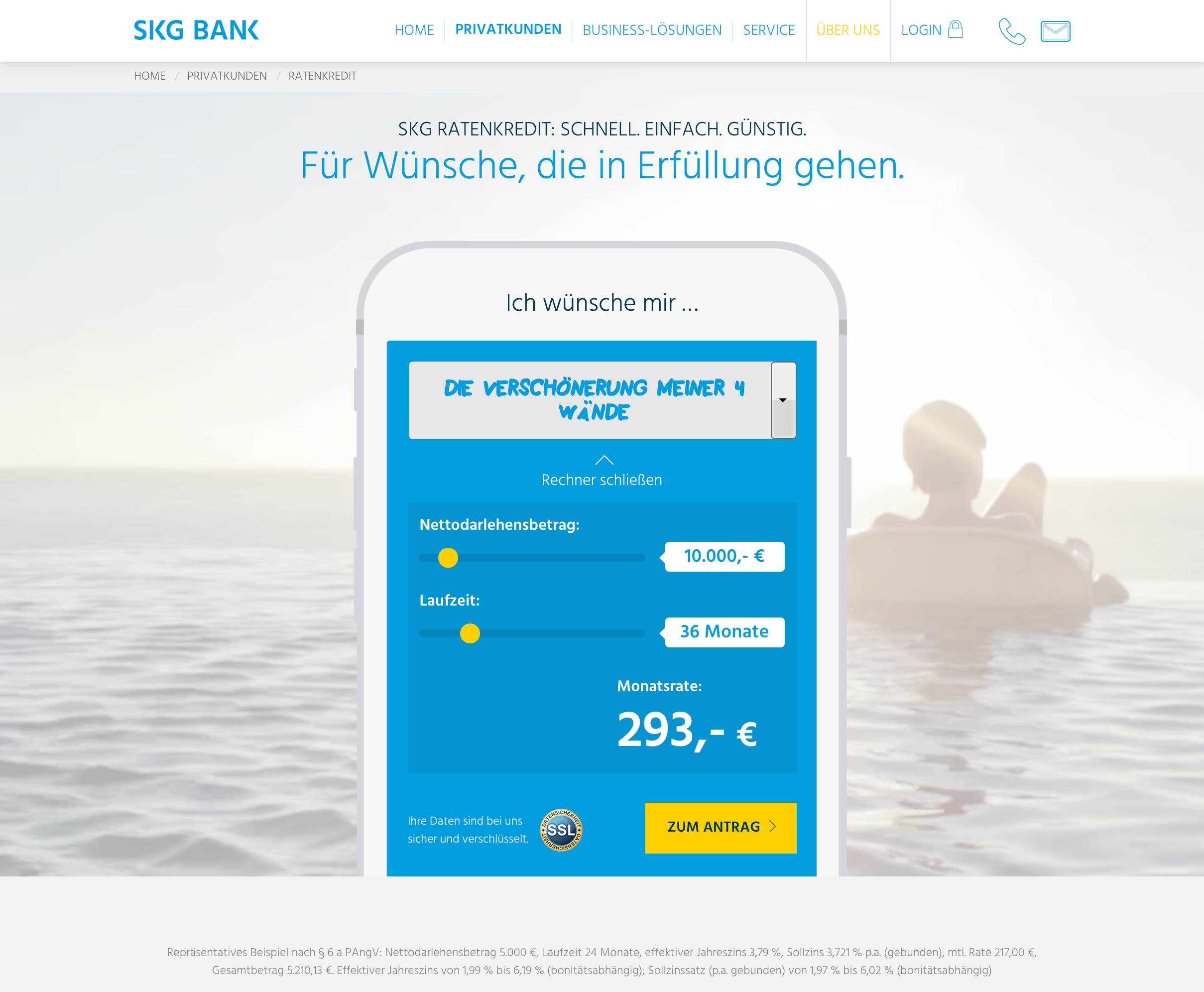 Die Monatsrate wird für die Wunschsumme wird angezeigt.
