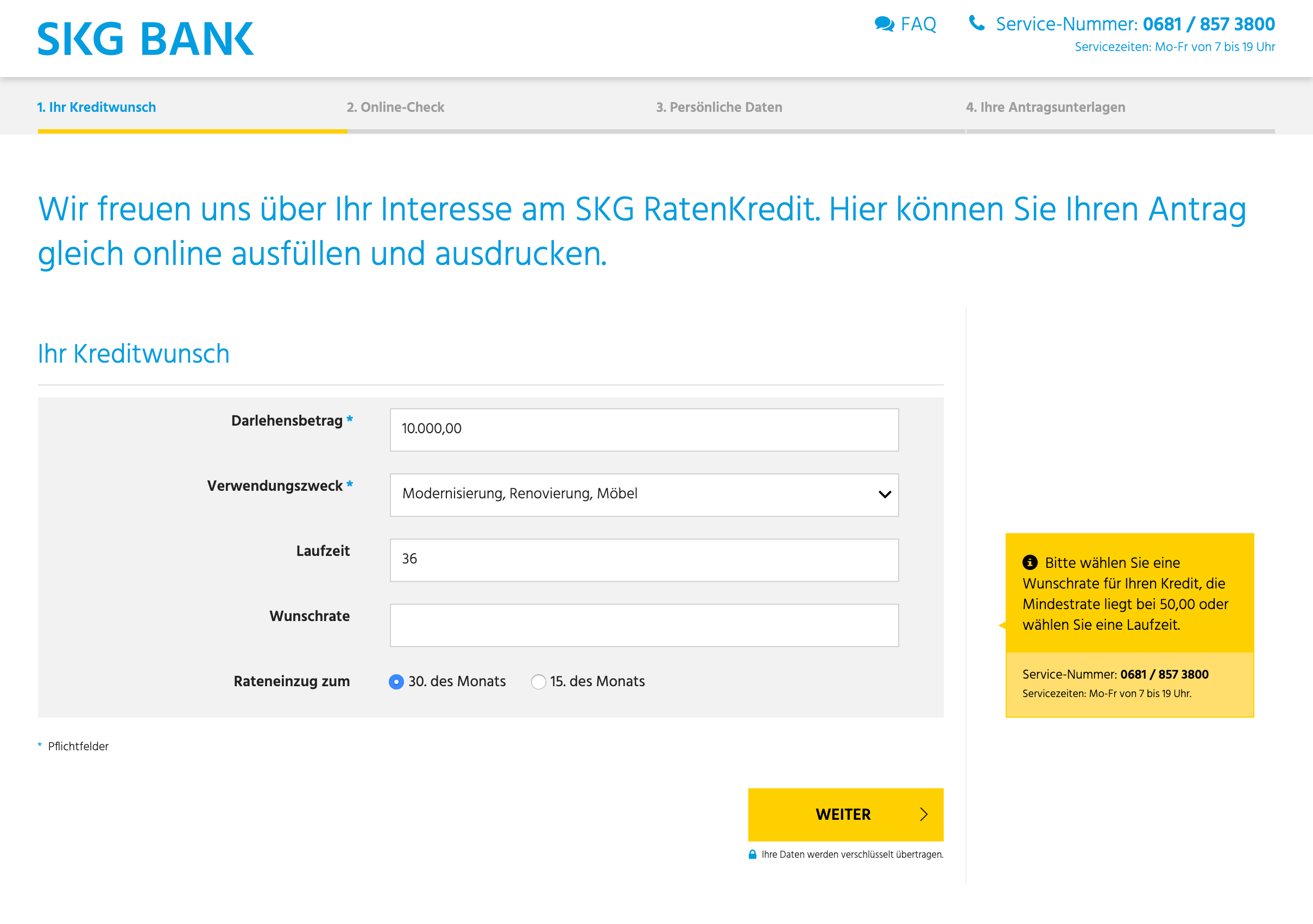 Hier geben Sie den Kreditbetrag und die gewünschte Laufzeit ein.