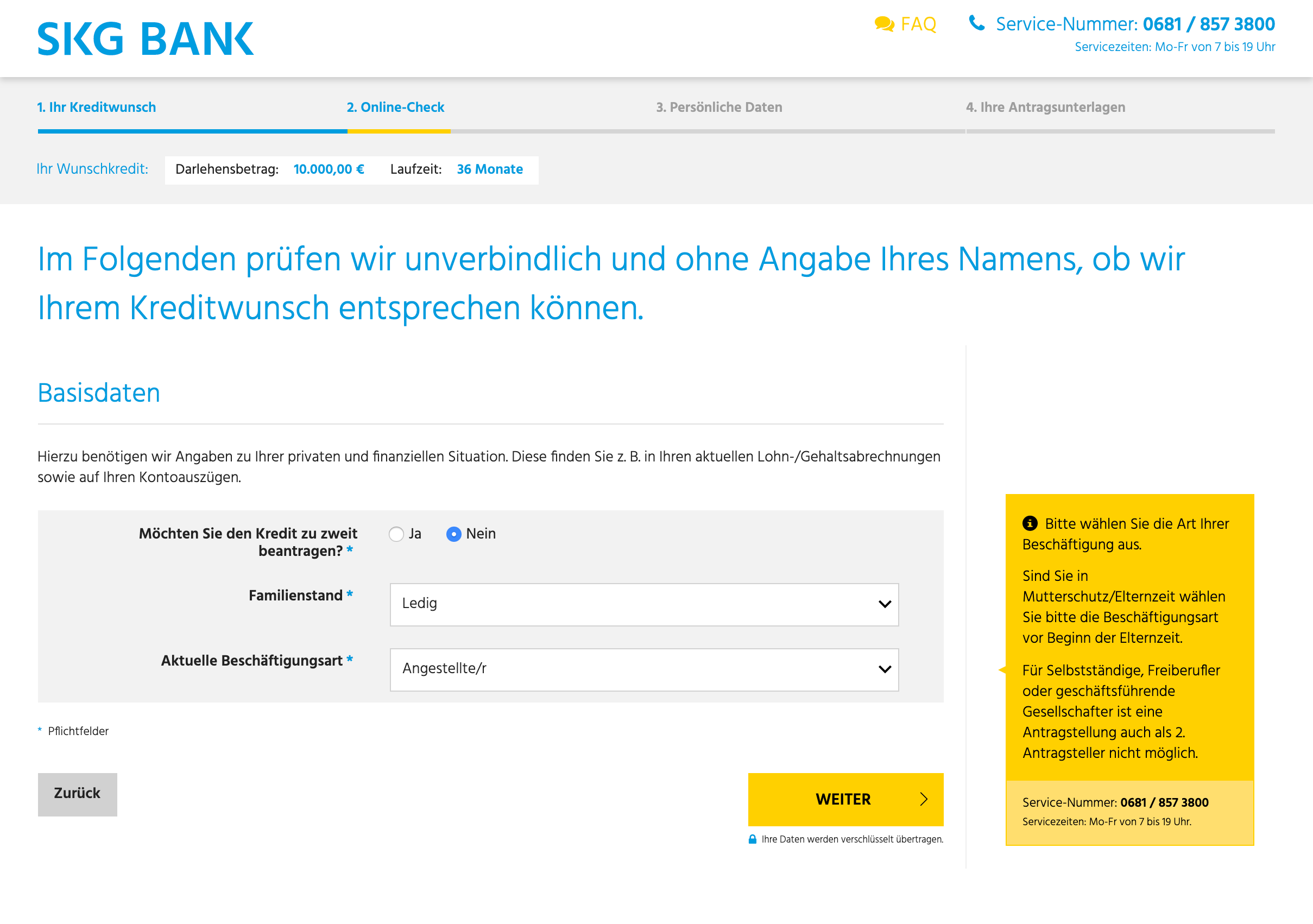 Sie werden nun gefragt, ob Sie den Kredit alleine oder zu zweit beantragen wollen.