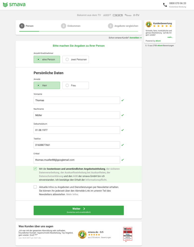 Screenshot der Kreditanfrage auf Smava mit Eingabe der persönlichen Daten