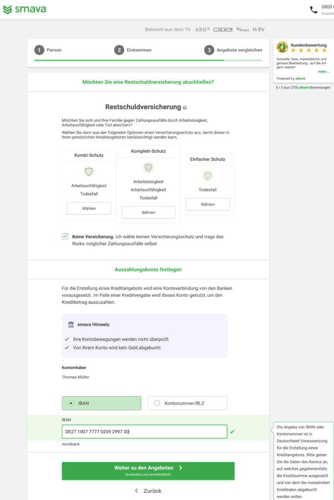 Screenshot Webseite Smava zum Auszahlungskonto und Restschuldversicherung