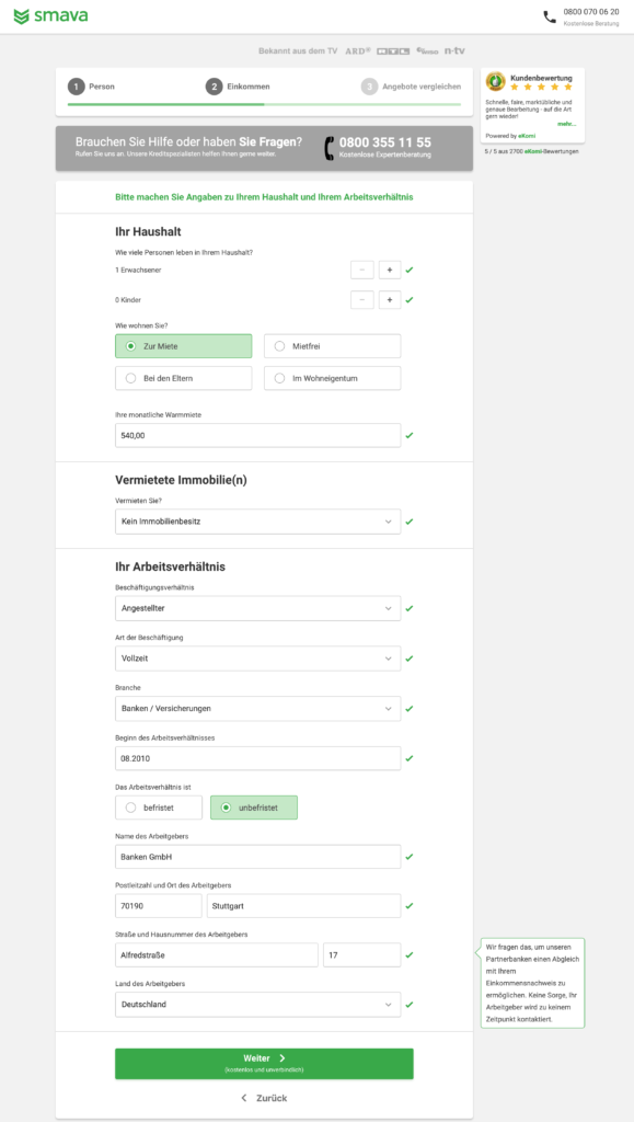 Screenshot der Kreditanfrage auf Smava. Angaben zum Arbeitsverhältnis.