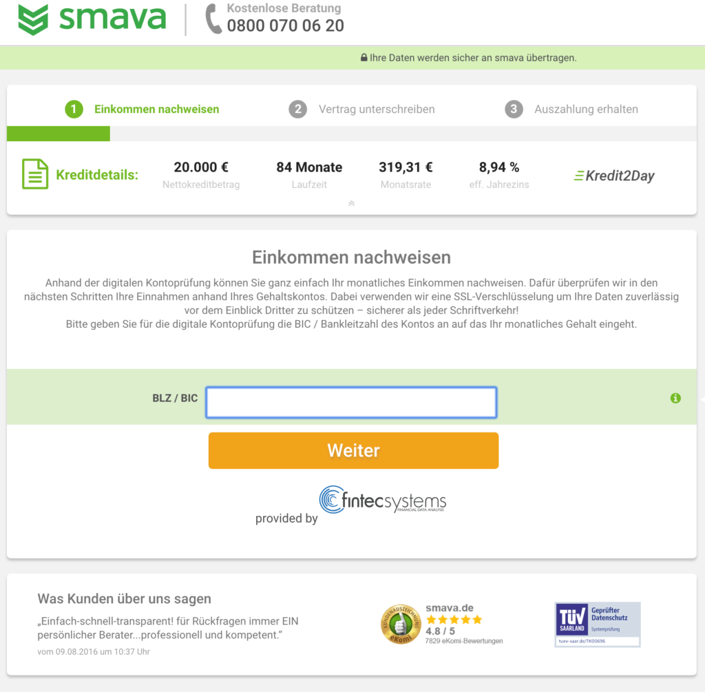 Wer das volldigitale Angebot Kredit2Day nutzen will, muss nun seine IBAN für den digitalen Kontoblick eintragen.