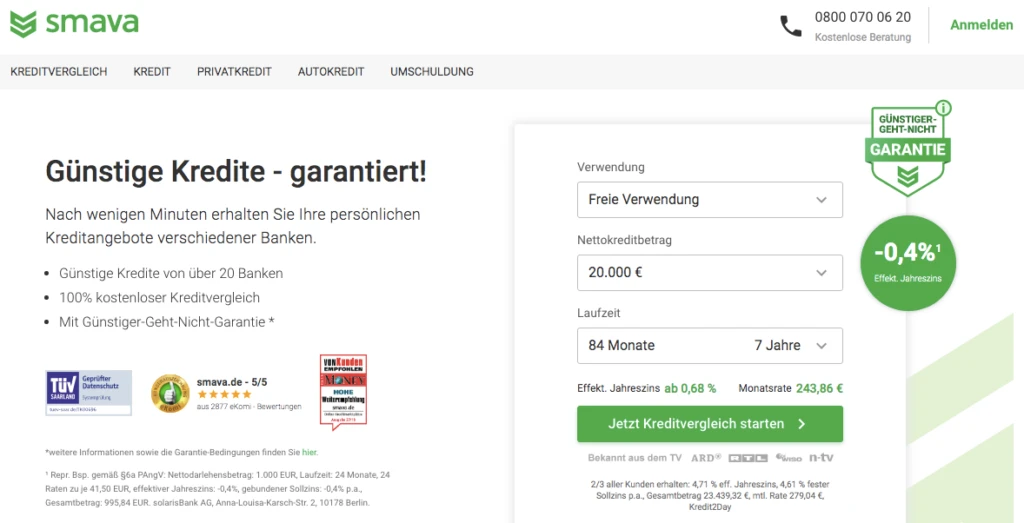 Screenshot der Smava Webseite