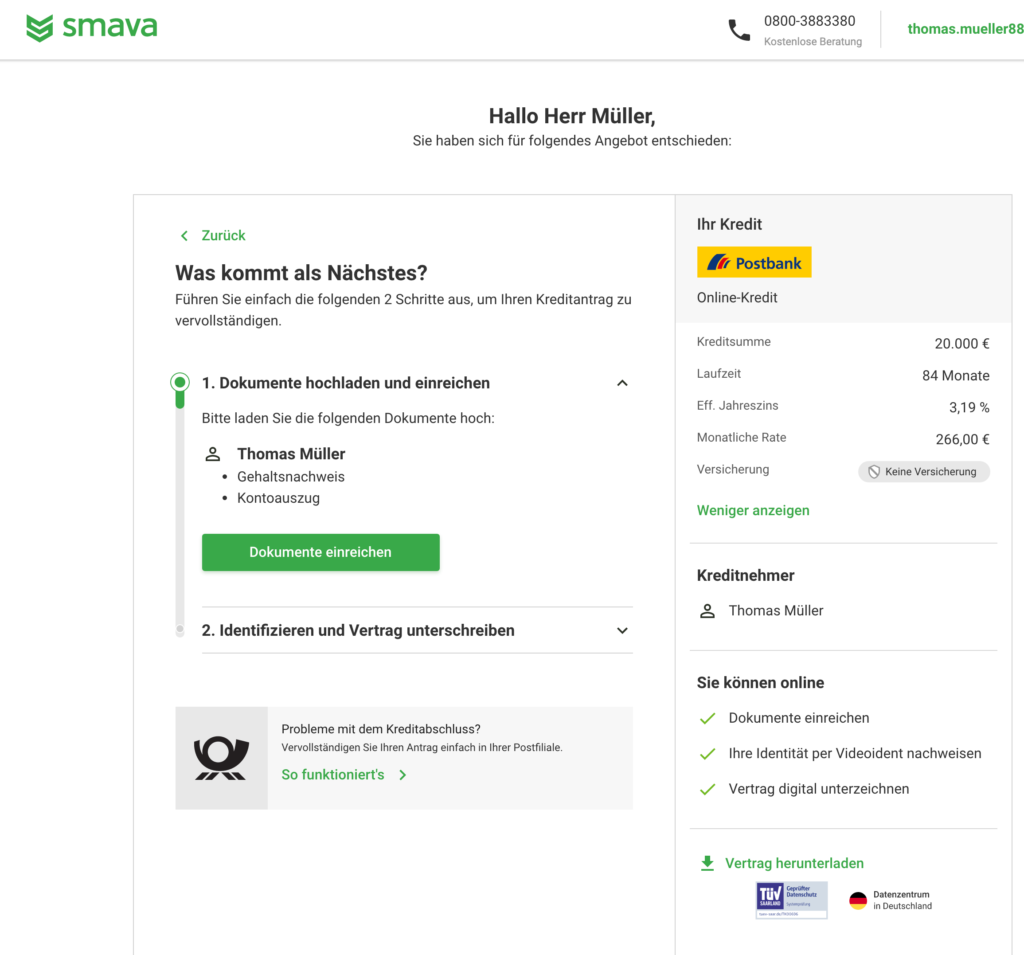 Sie können bei der Postbank Dokumenten online einreichen, Videoident durchführen und den Vertrag digital unterschreiben. 