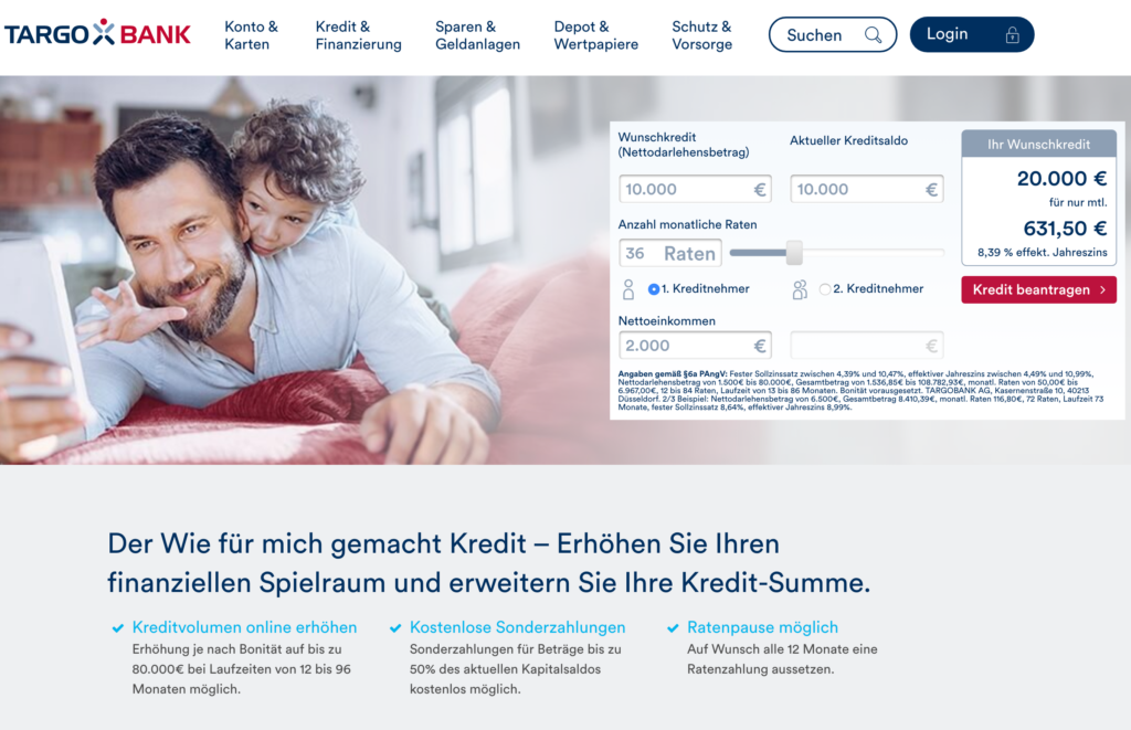 Screenshot der Targobank Webseite zum Kredit aufstocken.