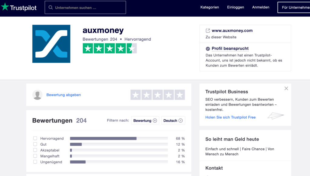 Gute Bewertungen von Auxmoney auf Trustpilot
