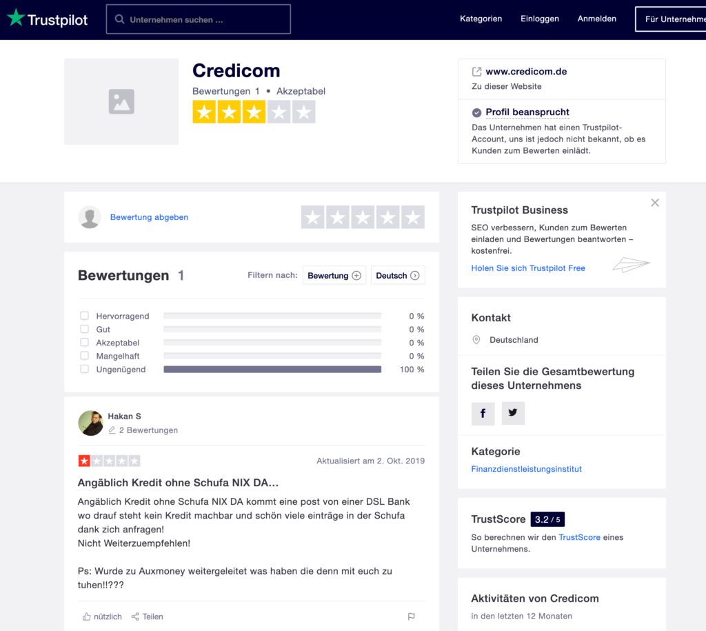 nur eine einzige Bewertung auf Trustpilot