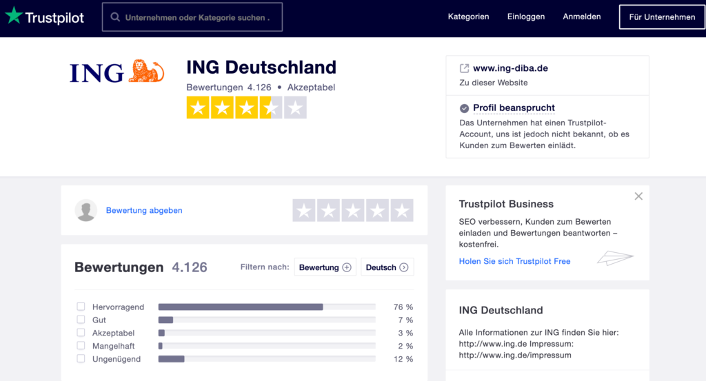Trustpilot Kundenerfahrungen zur ING